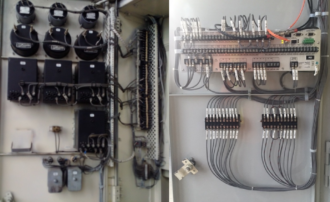 Before and after photo of internal wiring for 5kV feeder protection relay.