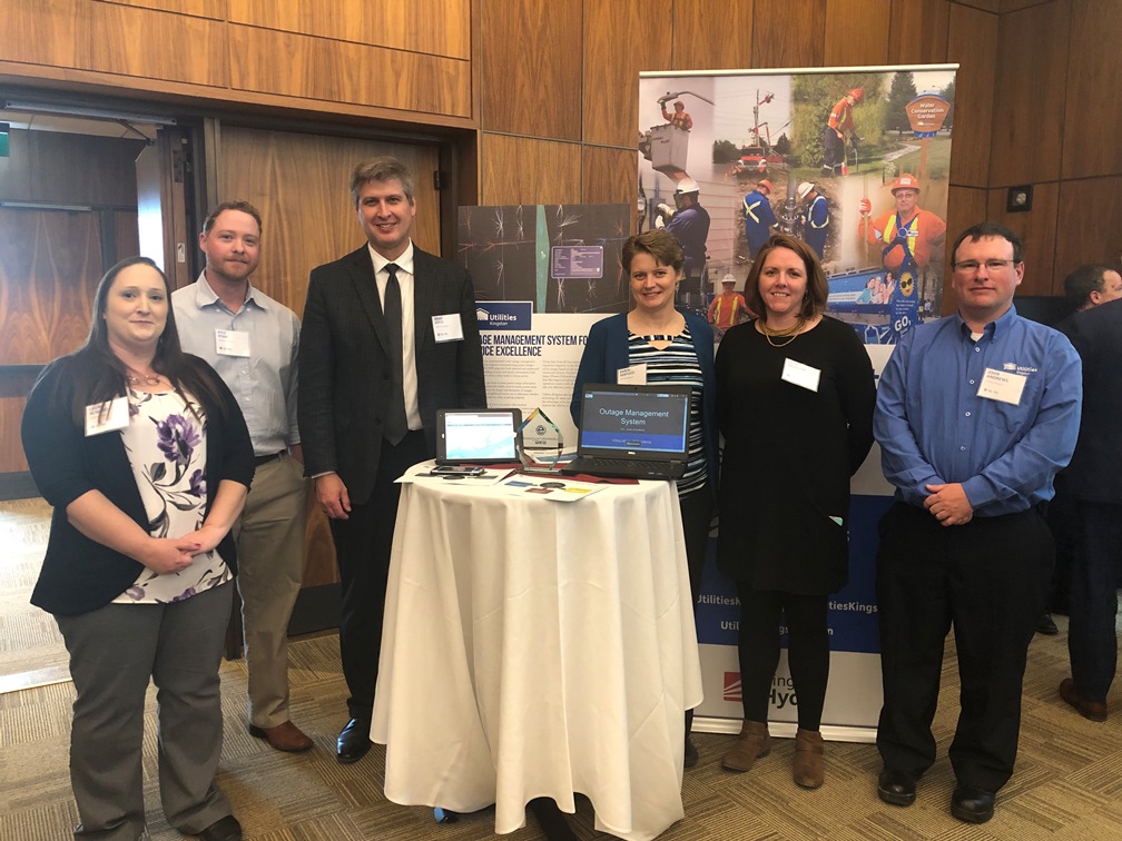 Project team (left to right): Laura Alward, Systems Analyst, Kyle Ryan SCADA Technologist, Brad Joyce, Director of Hydro Operations, Karen Santucci, Manager of Service and Gas operations,  Elizabeth Griffiths, GIS technician, John Andrews, Journeyperson, Utility Operations.