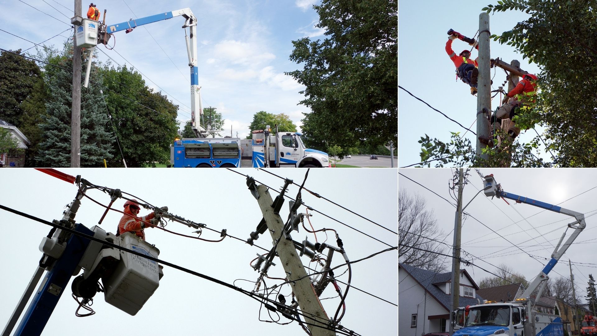 A collage of images showing overhead electric crews completing pole line work 
