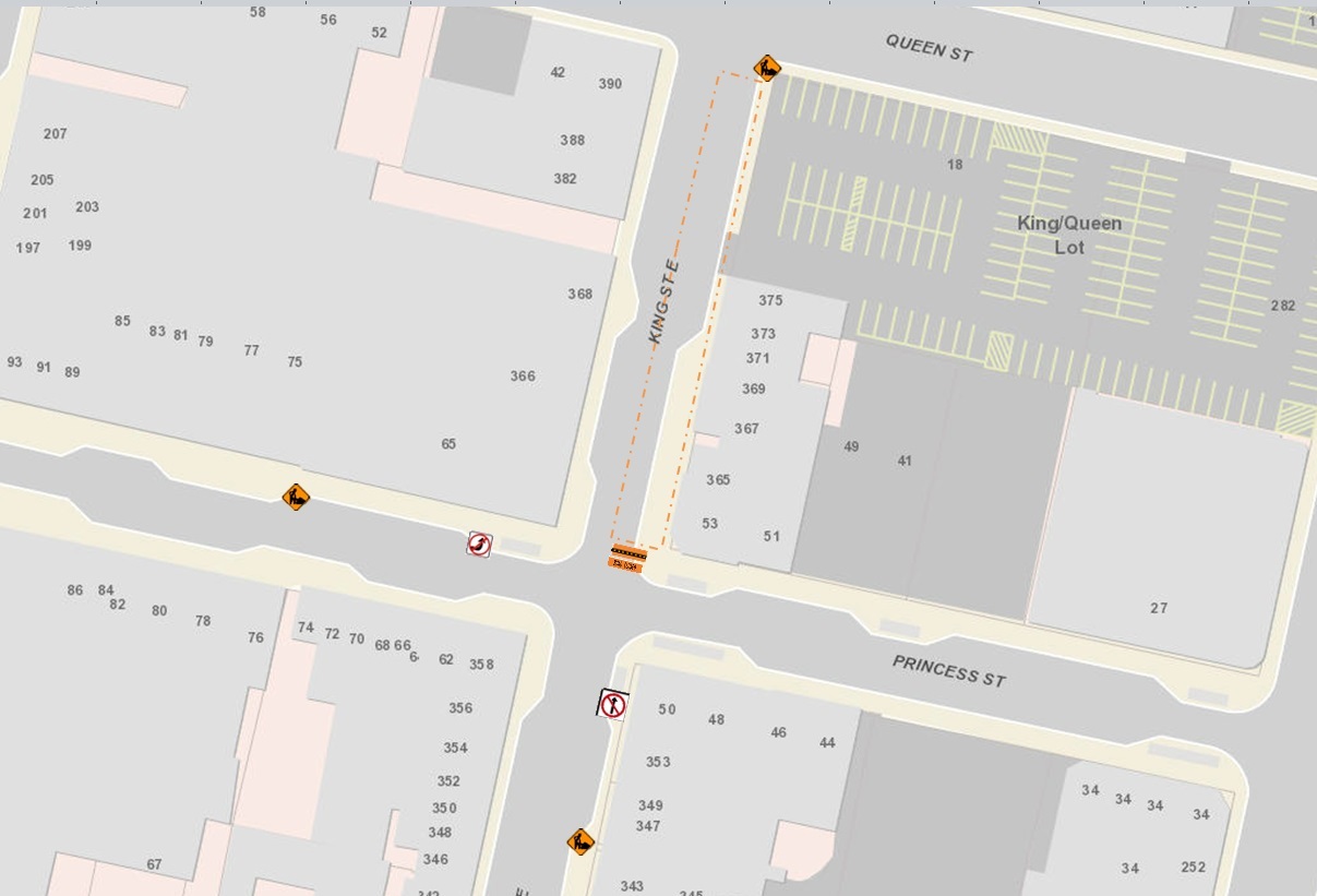 Map showing the April 9-10 lane closure on King Street between Princess and Queen