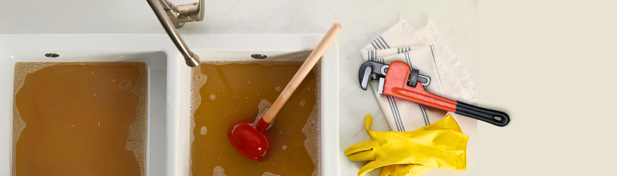 A clogged kitchen sink filled with dirty water. A plunger and a wrench are lying nearby, along with a pair of yellow gloves. 